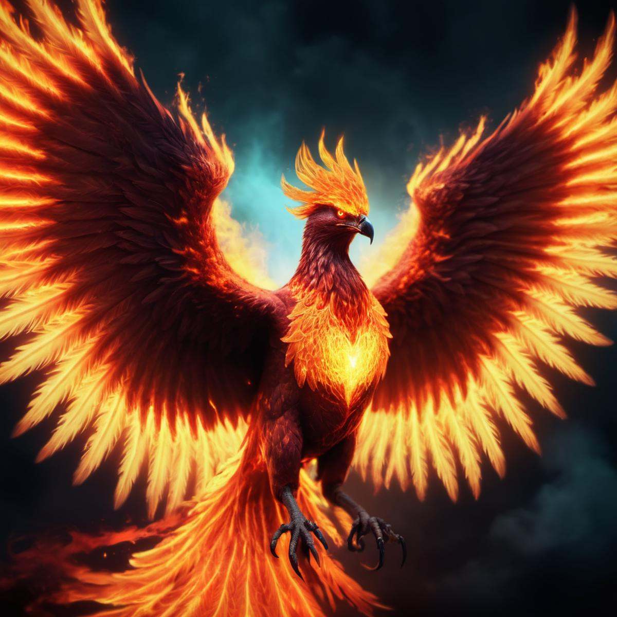 flaming phoenix,  terrifying glowing eyes,  majestic wings on Tensor.Art