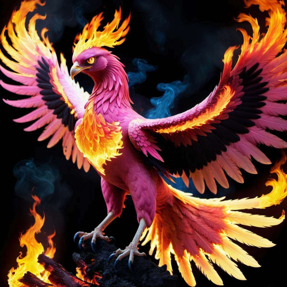 (half pink) half flaming phoenix,  terrifying glowing eyes,  flaming wings on Tensor.Art