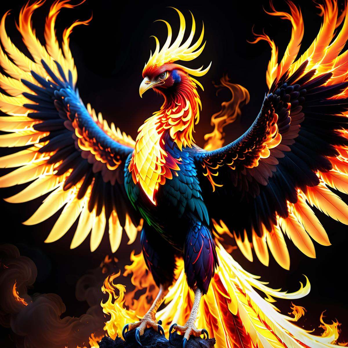 flaming phoenix,  terrifying glowing eyes,  fierce wings on Tensor.Art