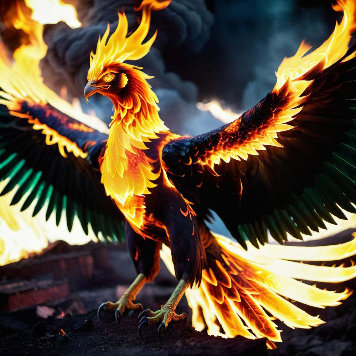 (half green) half immolation phoenix,  terrifying glowing eyes,  immolation wings on Tensor.Art