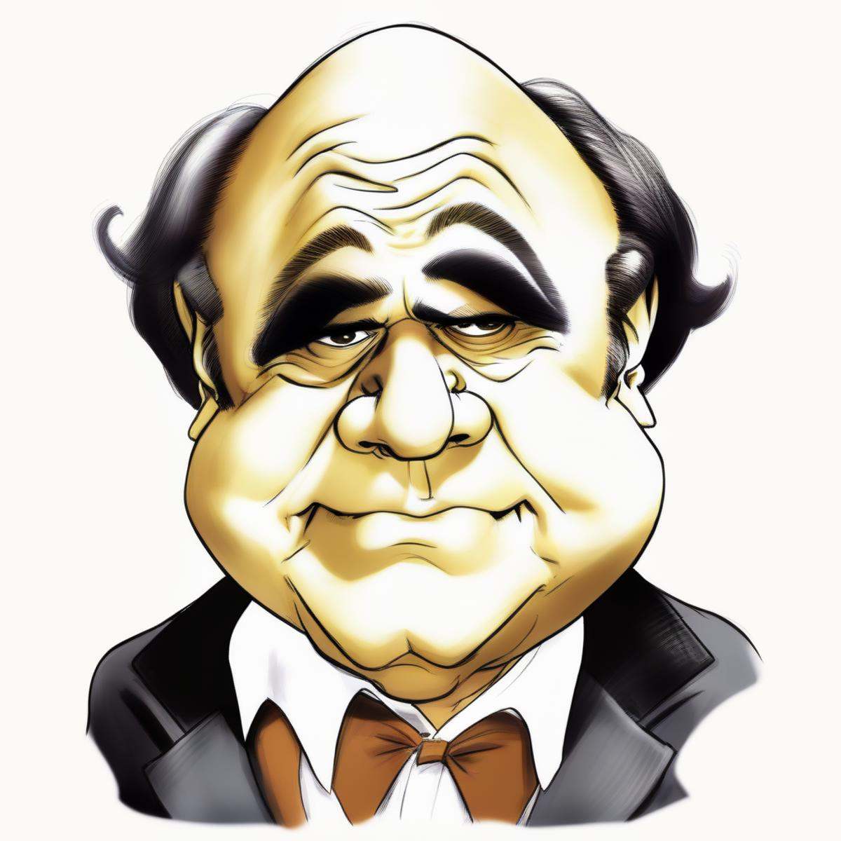 Caricatures style drawing of Danny DeVito,  ((on paper)),  bowtie on Tensor.Art