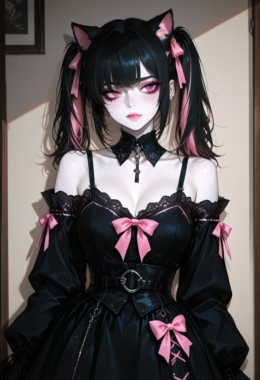 "girl,  A young girl with dramatic two-tone hair,  half black and half pastel pink on Tensor.Art