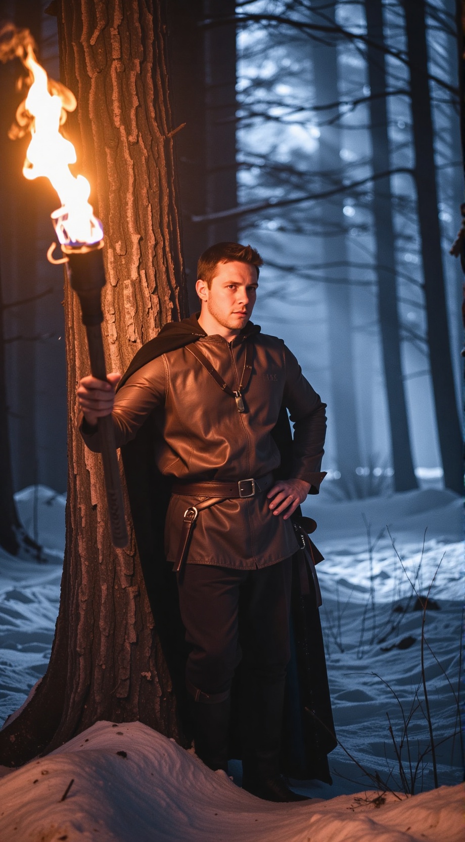 A man dressed in dark,  earthy medieval clothing,  including a leather tunic on Tensor.Art