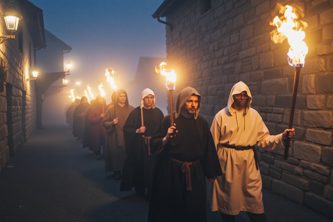 A group of men with mask in white hooded robes march down a dark street medieval at night,  shrouded in dense fog,  smoke...