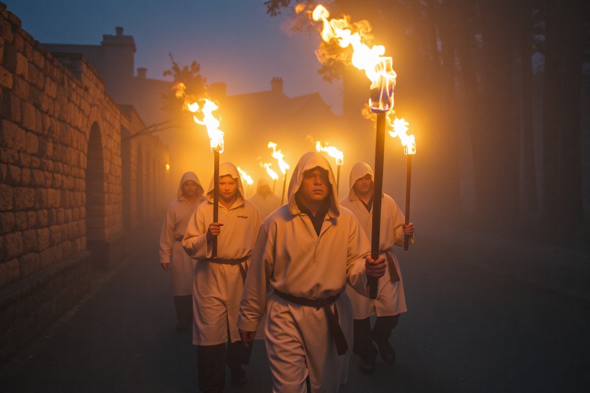 A group of men with mask in white hooded robes march down a dark street medieval at night,  shrouded in dense fog,  smoke...