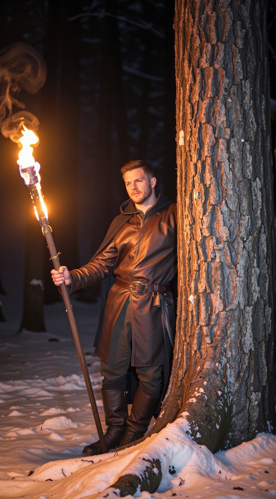 A man dressed in dark,  earthy medieval clothing,  including a leather tunic on Tensor.Art