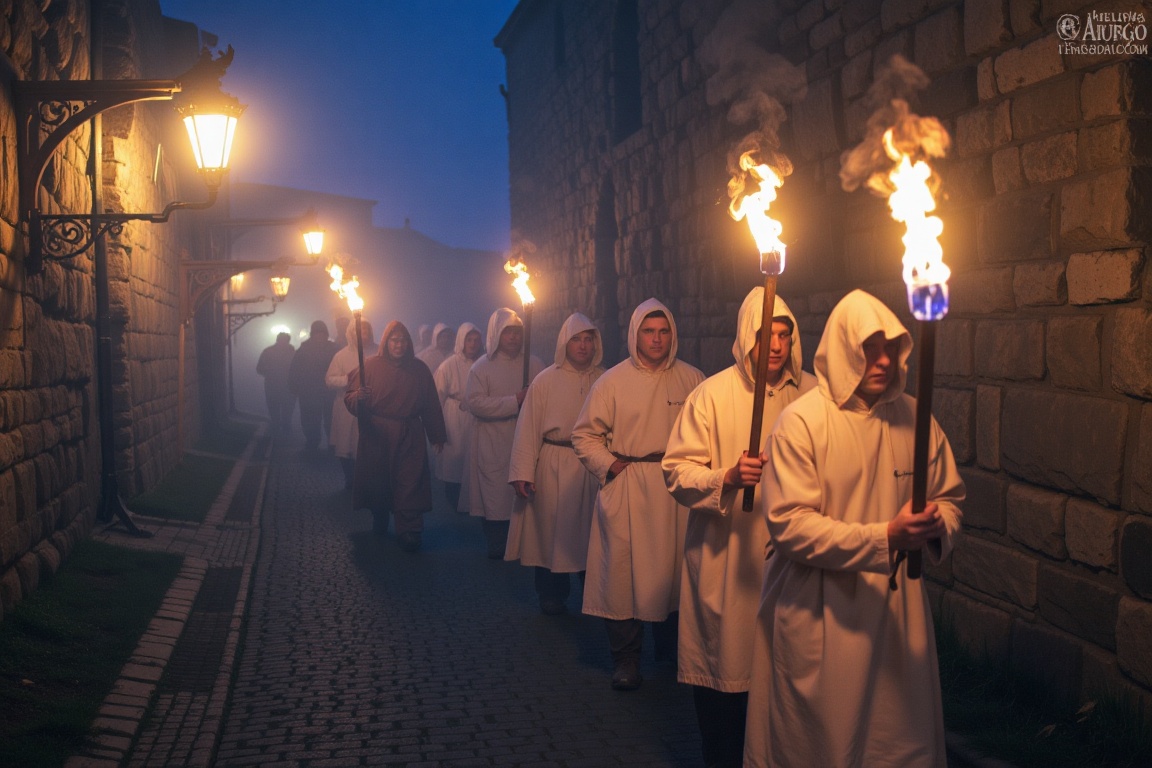 A group of men in white hooded robes march down a dark street medieval at night,  shrouded in dense fog,  smoke on Tensor.Art