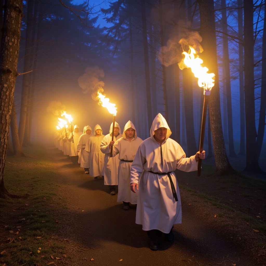 A group of men in white hooded robes march down a dark forest path at night,  shrouded in dense fog,  smoke on Tensor.Art