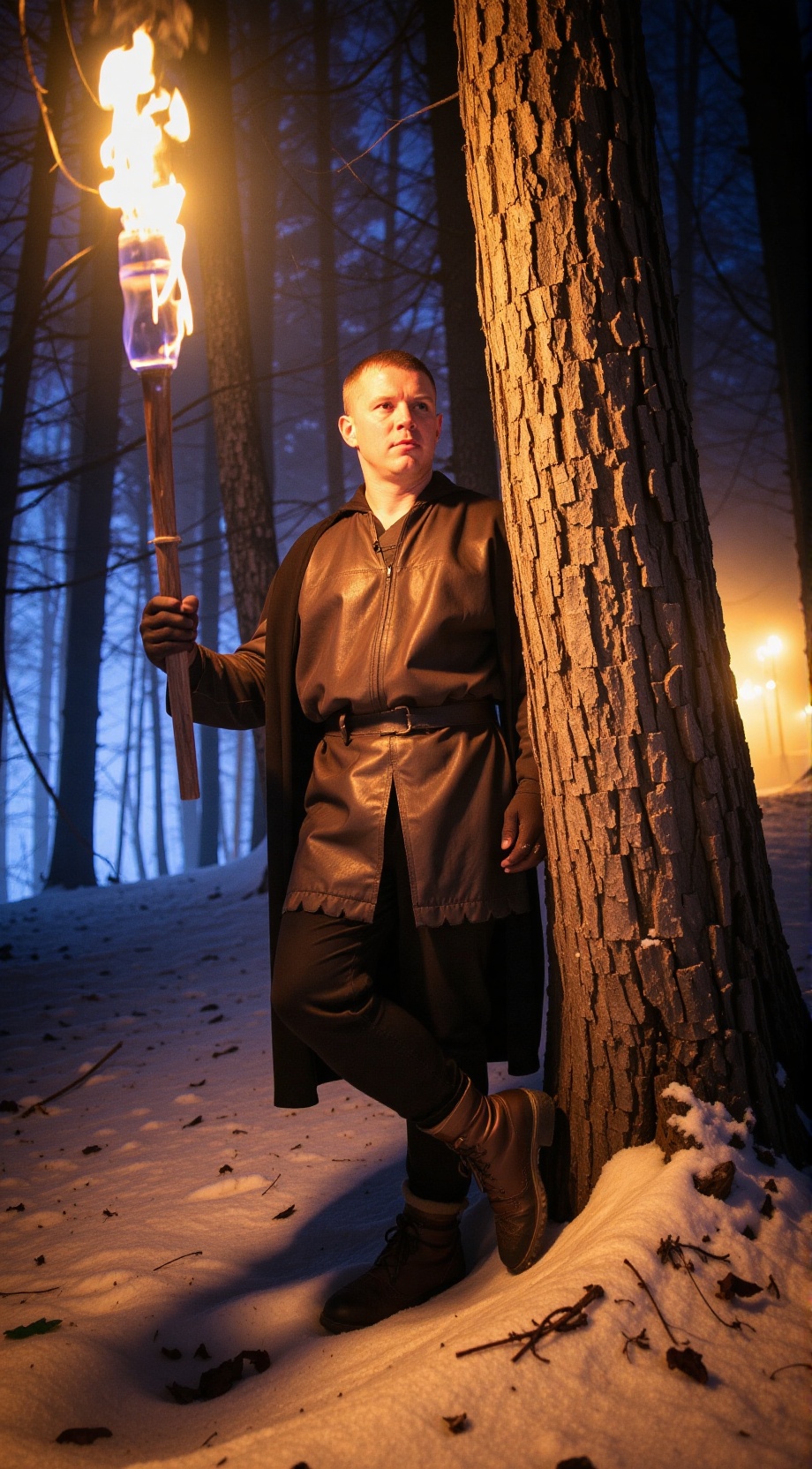 A man dressed in dark,  earthy medieval clothing,  including a leather tunic on Tensor.Art