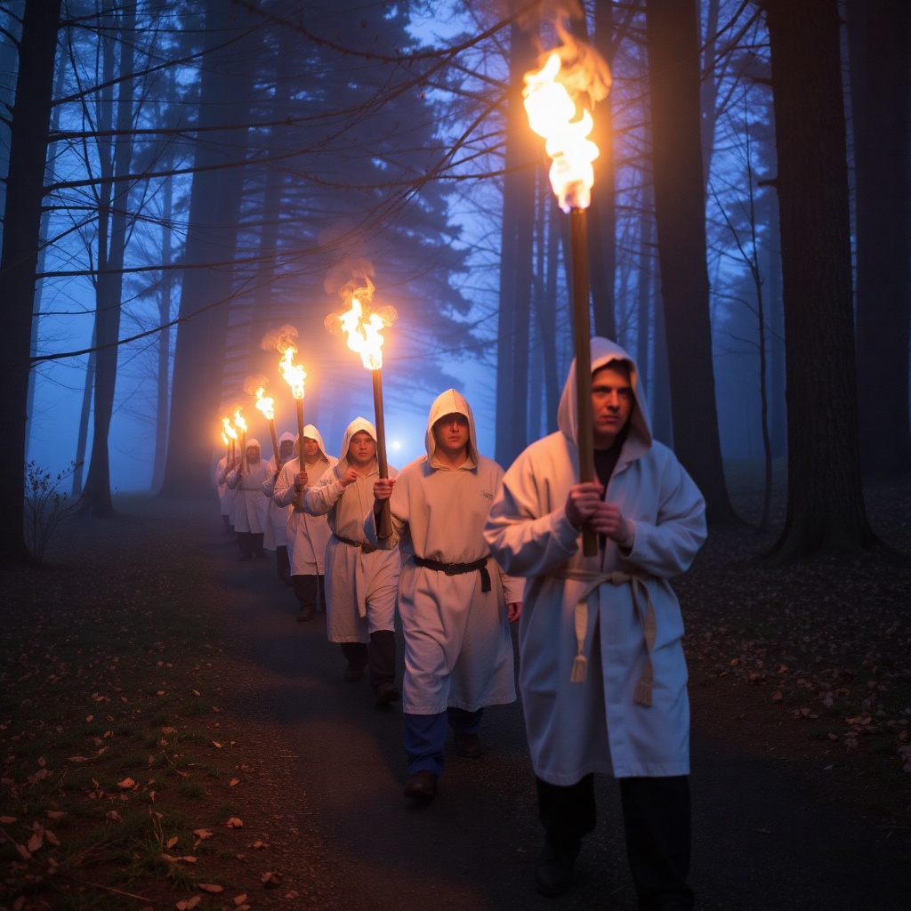 A group of men in white hooded robes march down a dark forest path at night,  shrouded in dense fog,  smoke on Tensor.Art