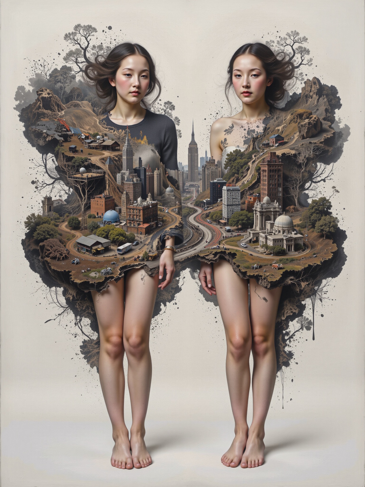 2 girls,  translucent body revealing inner world and cityscape,  surreal on Tensor.Art