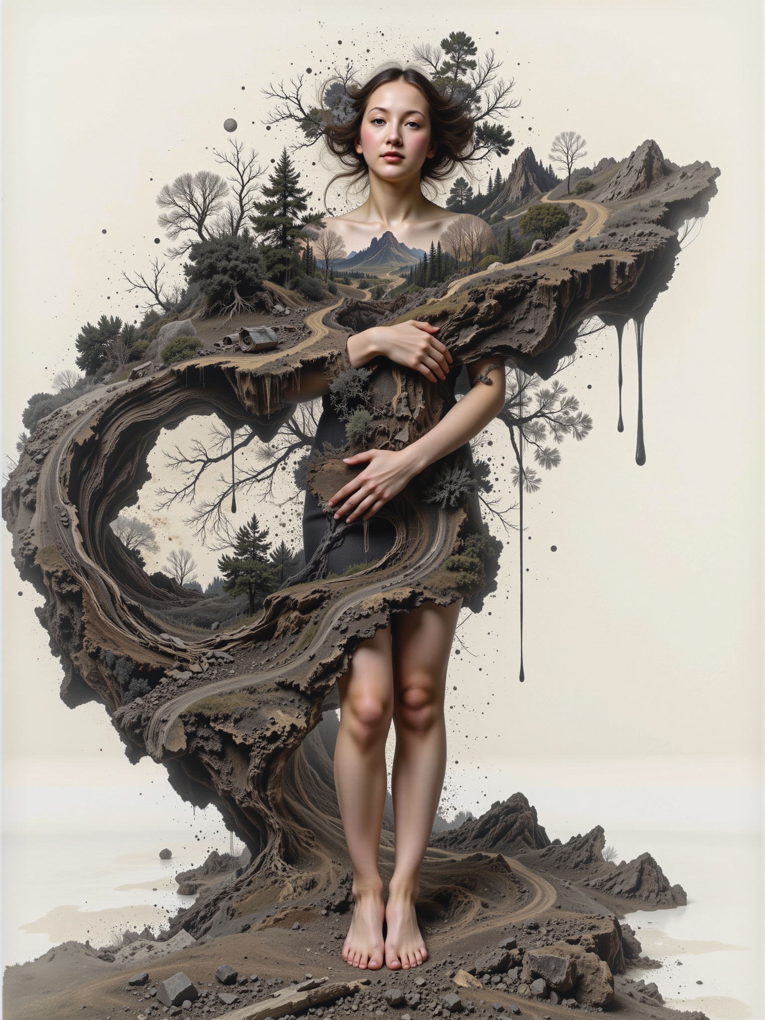 Surreal digital illustration painting in the style of Asa CHEN,  Mystical beauty stands barefoot,  shrouded in charcoal pe...