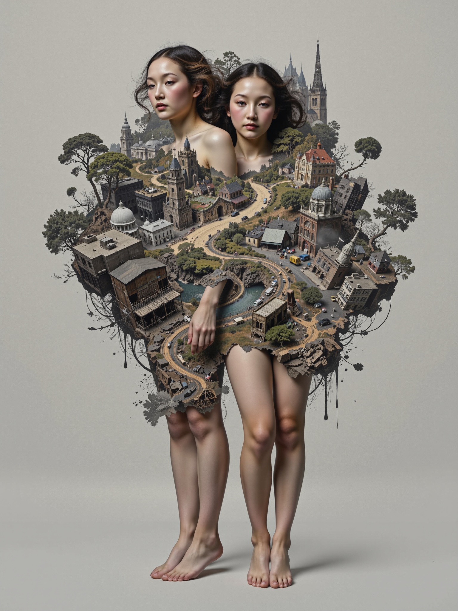 2 girls,  translucent body revealing inner world and cityscape,  surreal on Tensor.Art