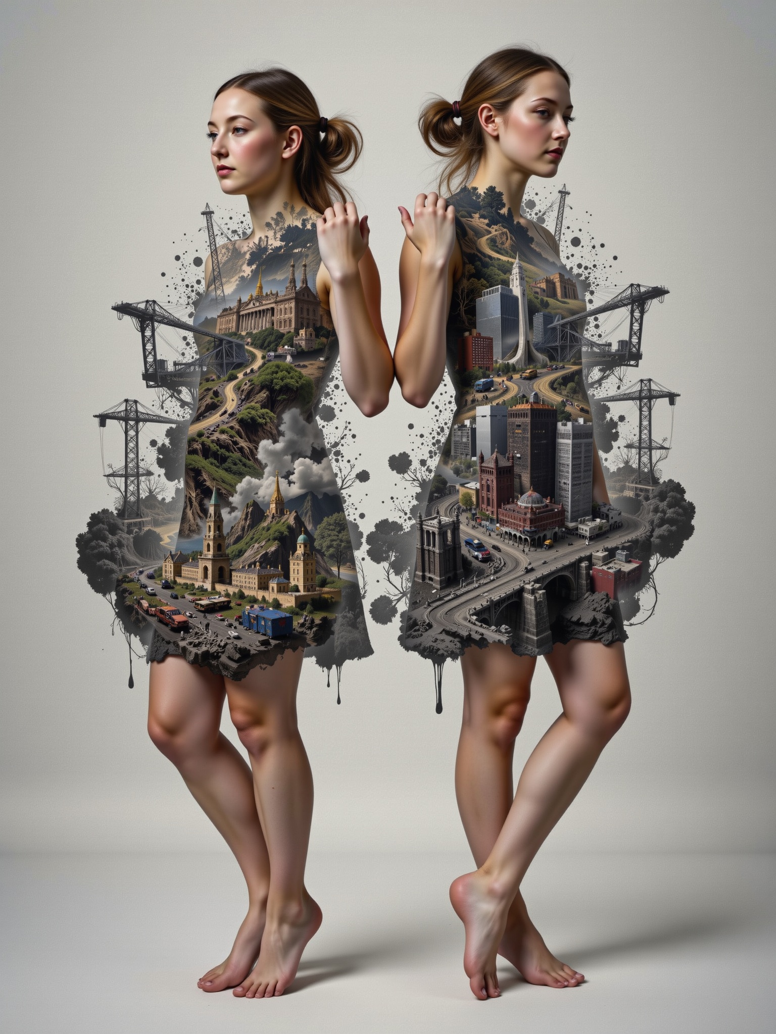 2 girls,  translucent body revealing inner world and cityscape,  surreal on Tensor.Art