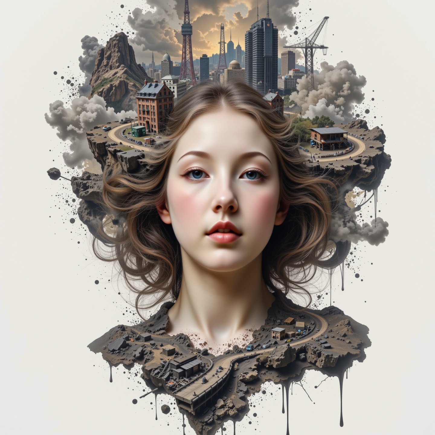 1 beautiful girl's face,  translucent body revealing inner world and cityscape,  surreal on Tensor.Art