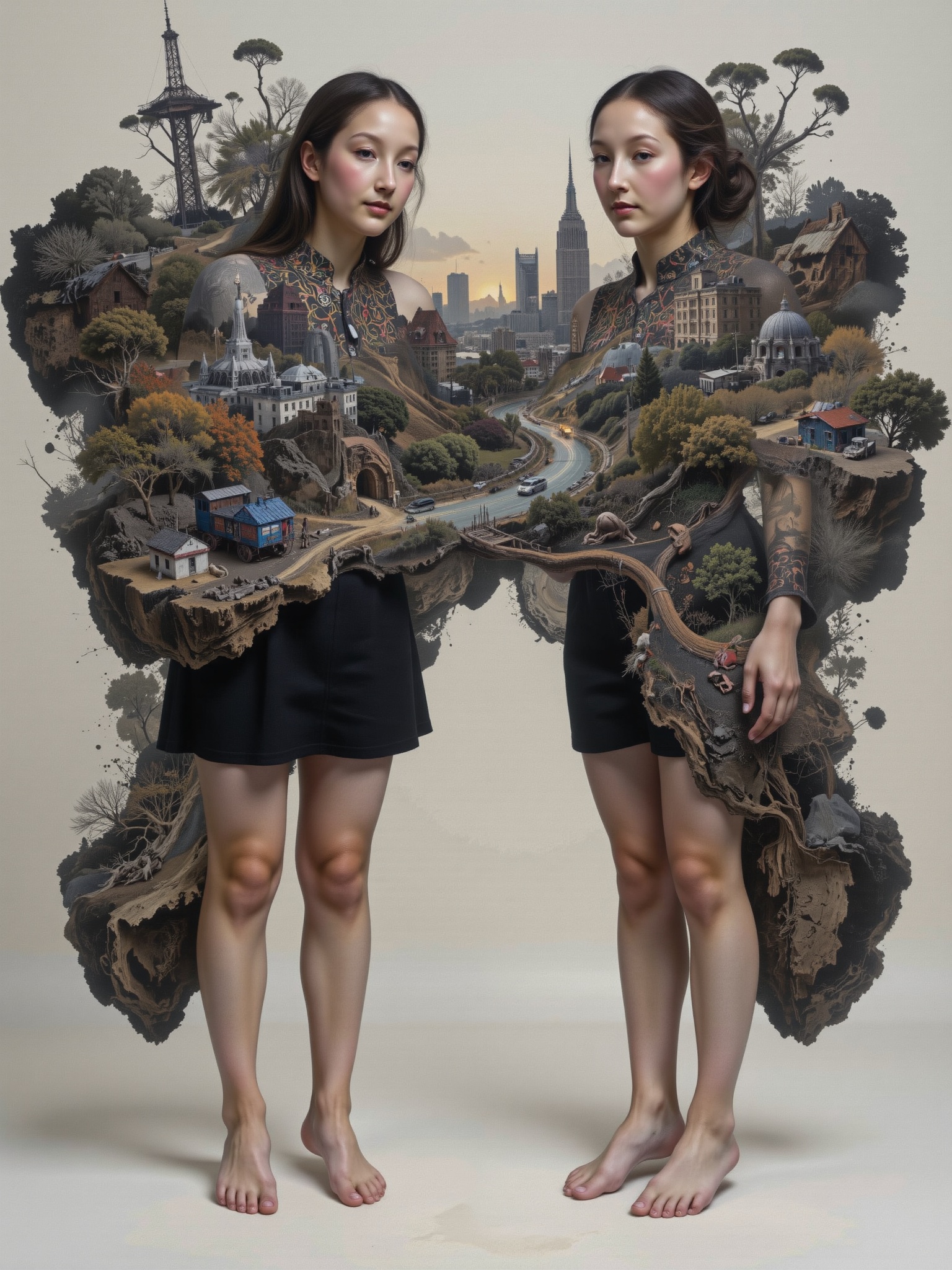 2 girls,  translucent body revealing inner world and cityscape,  surreal on Tensor.Art