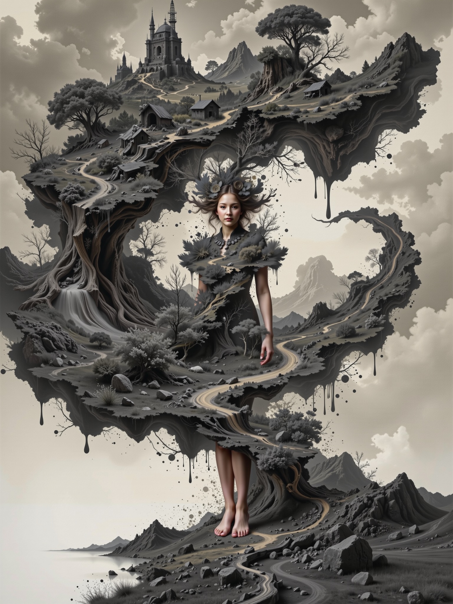 ((( inner child))),  Surreal digital illustration painting in the style of Asa CHEN,  Mystical beauty stands barefoot on T...