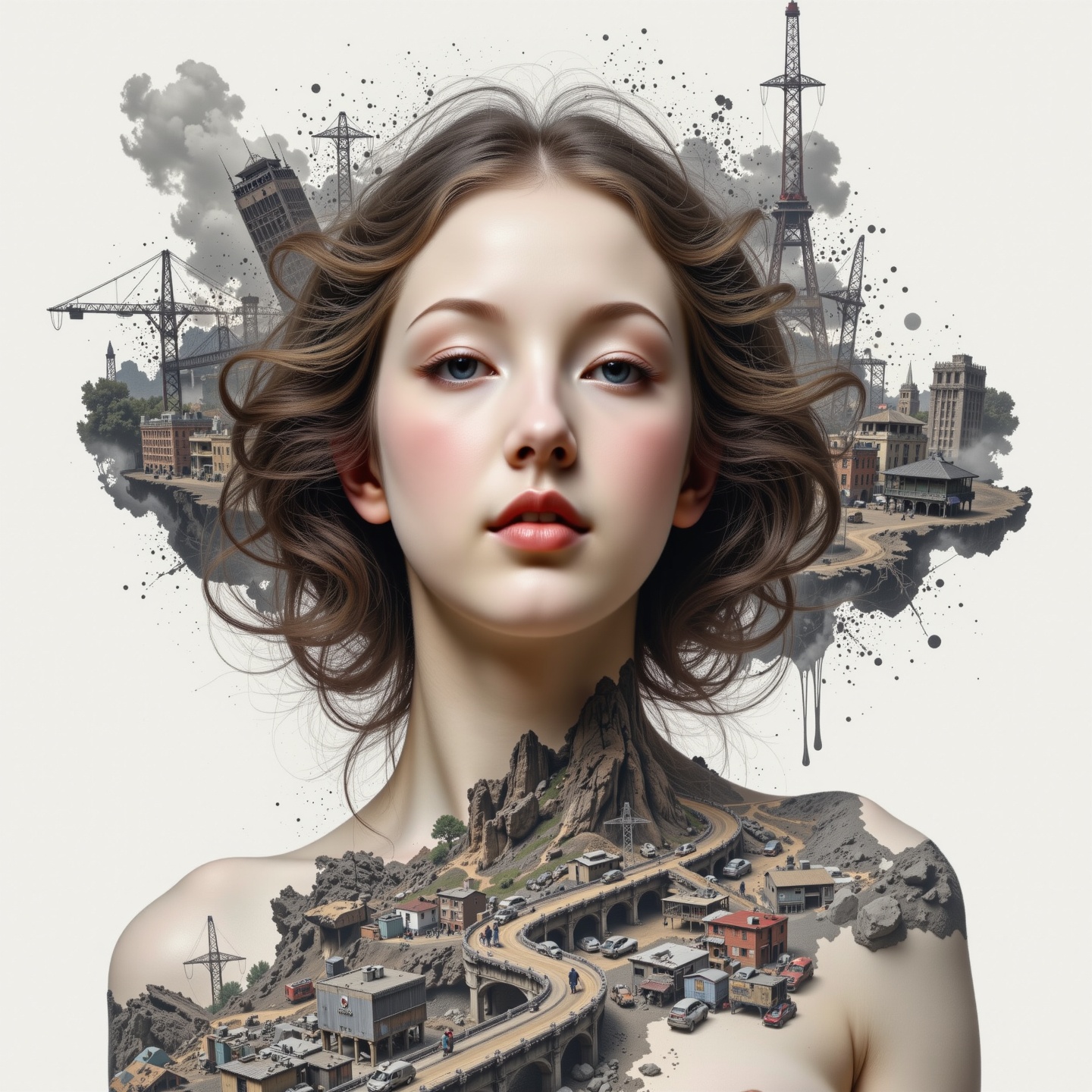 1 beautiful girl's face,  translucent body revealing inner world and cityscape,  surreal on Tensor.Art