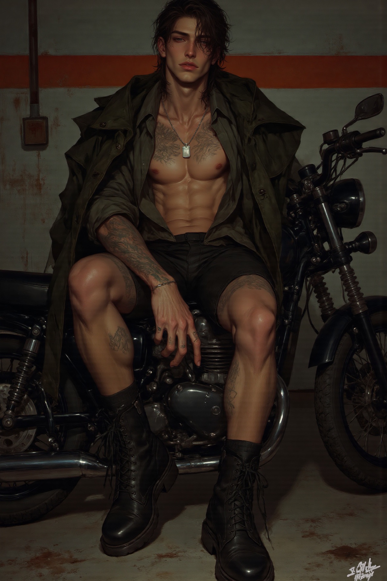 a shirtless male model with full sleeve tattoos sitting on a black motorcycle in a dim garage,  open leather jacket hangin...