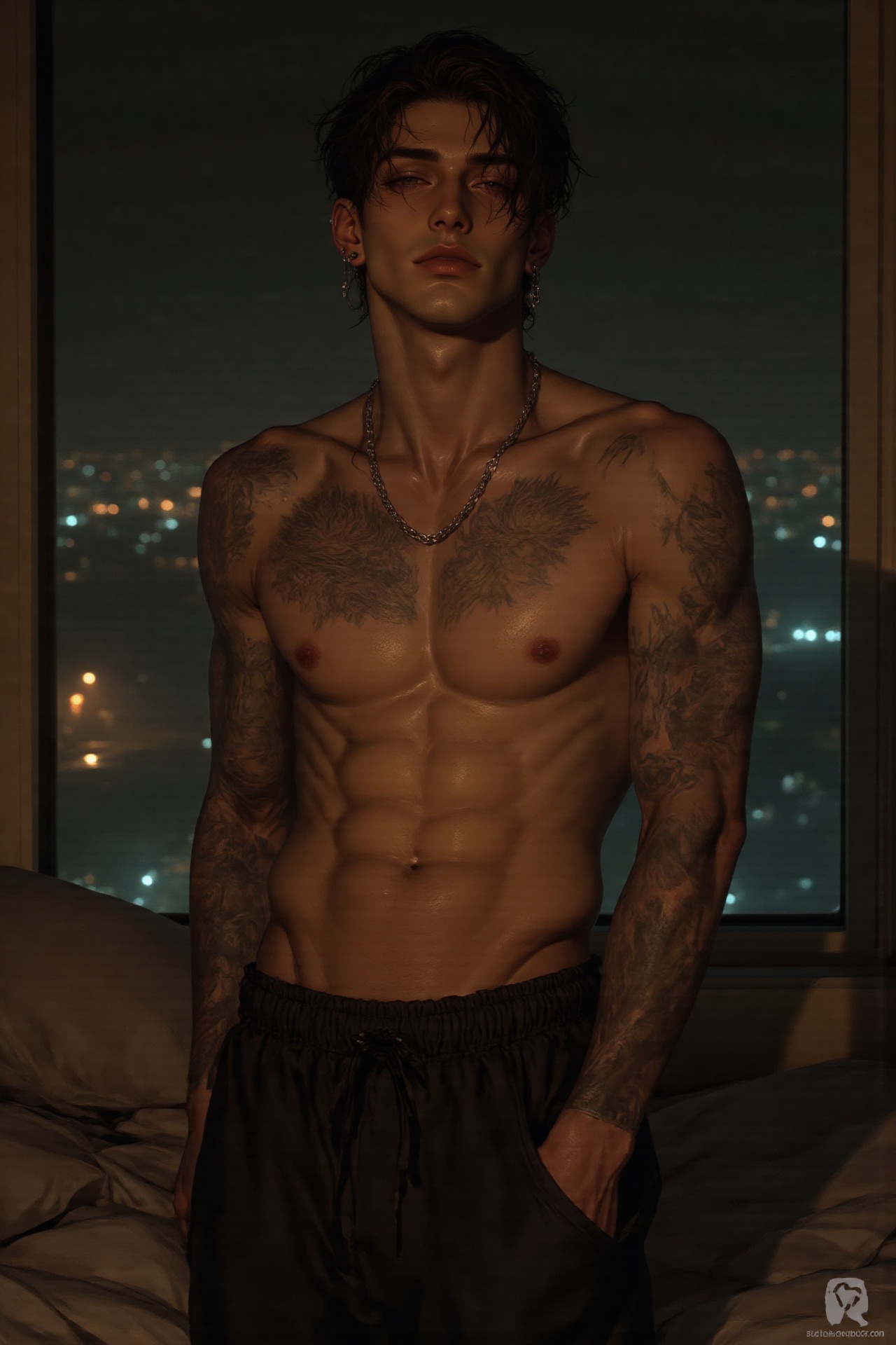 a tattooed male model standing shirtless by a foggy hotel window at night,  wearing black pajama pants low on his hips,  w...