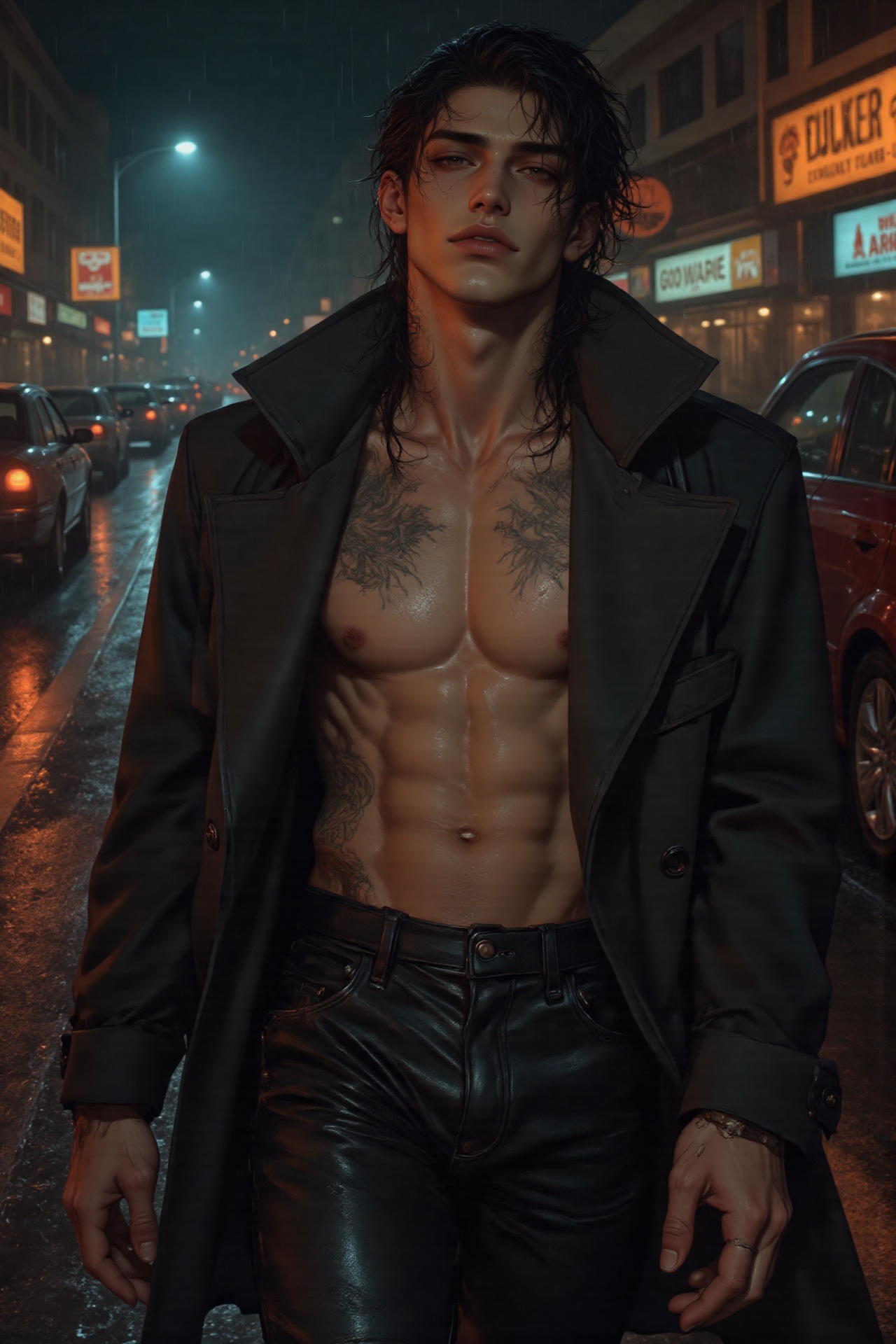 a male model walking shirtless down a rain-soaked street at night,  drenched leather pants clinging to his body,  open ove...