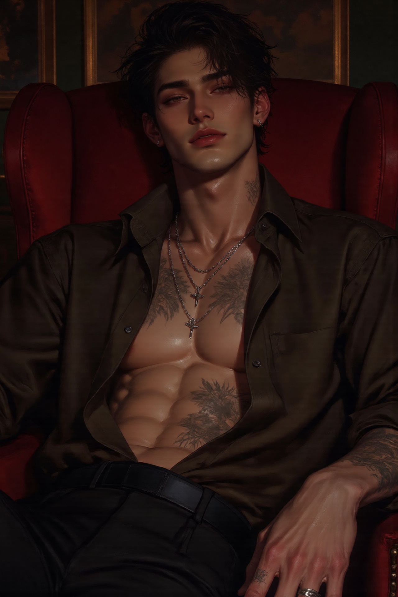 a male model lounging seductively in a deep red velvet chair,  wearing an open silk shirt exposing a tattooed chest and si...