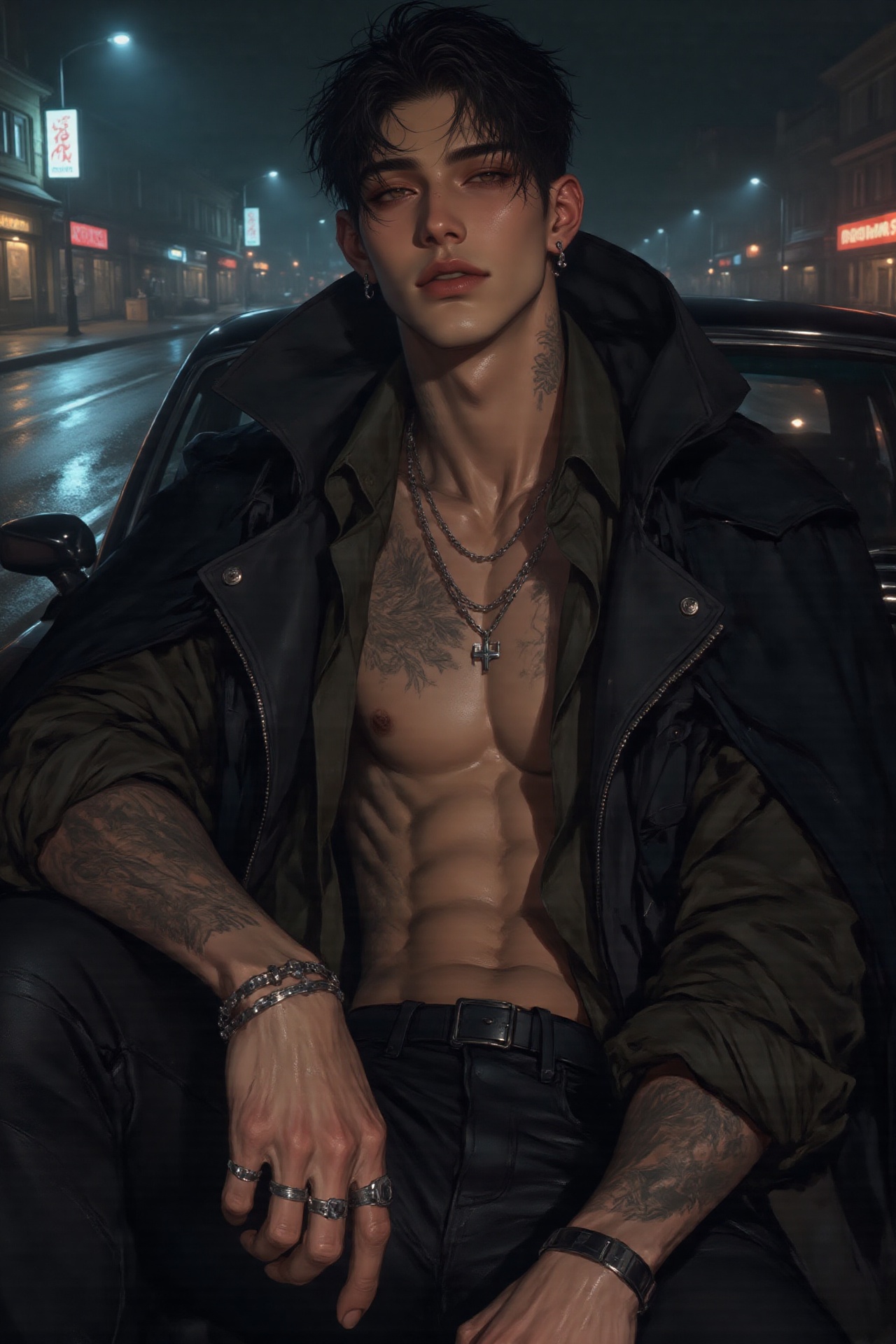 a moody,  edgy male model sitting on a car at night,  shirtless with visible tattoos and piercings on Tensor.Art