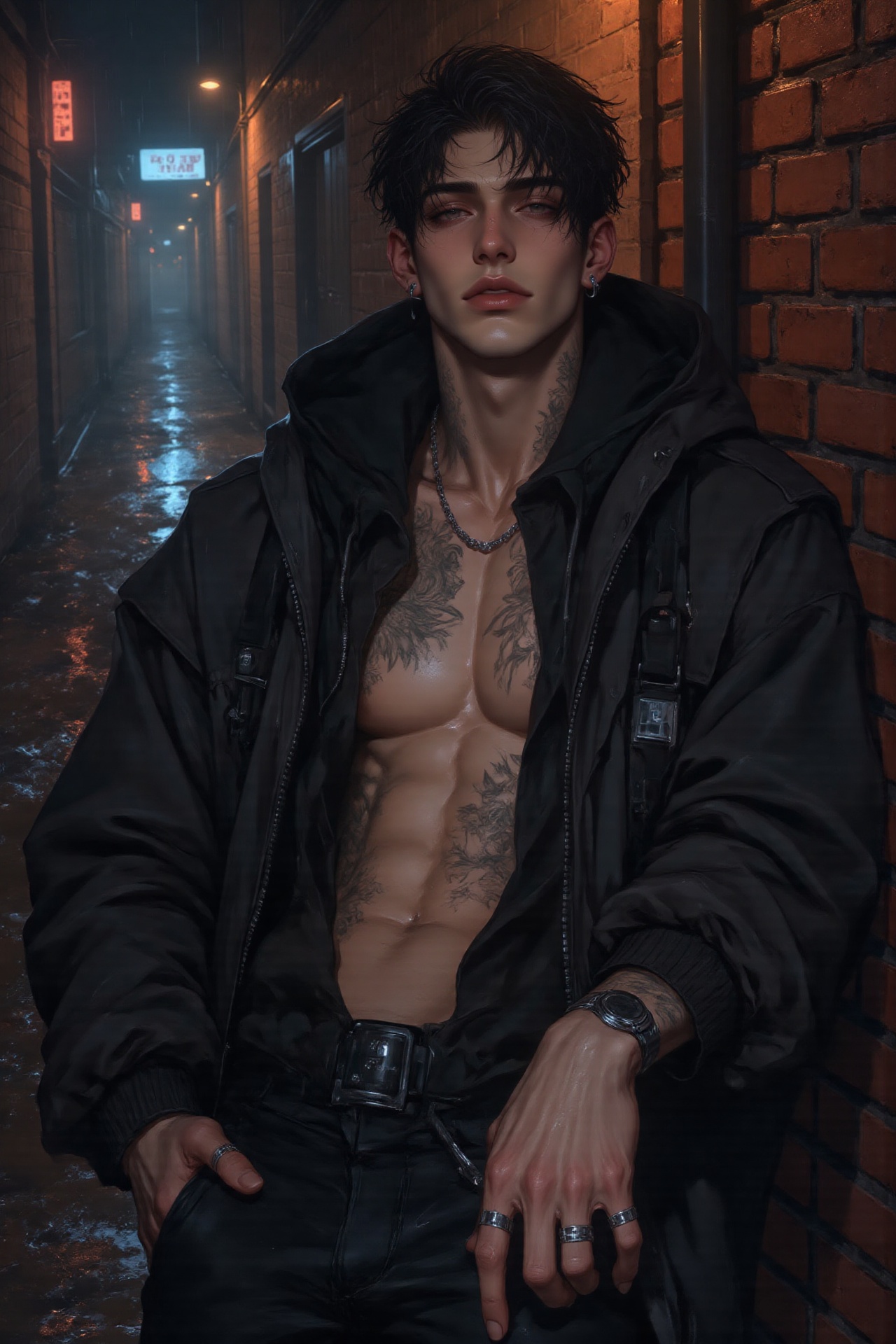 a mysterious male model leaning against a brick wall in a narrow alley,  shirtless under an oversized black bomber jacket,...