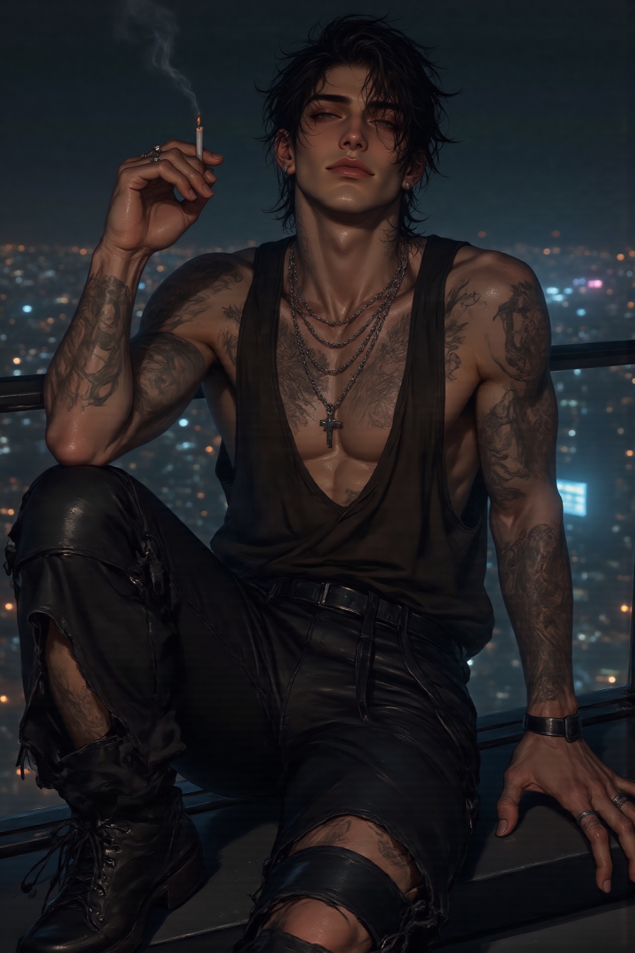 a brooding tattooed male model sitting on the edge of a rooftop at night,  cigarette in hand,  wearing a sheer black ****...
