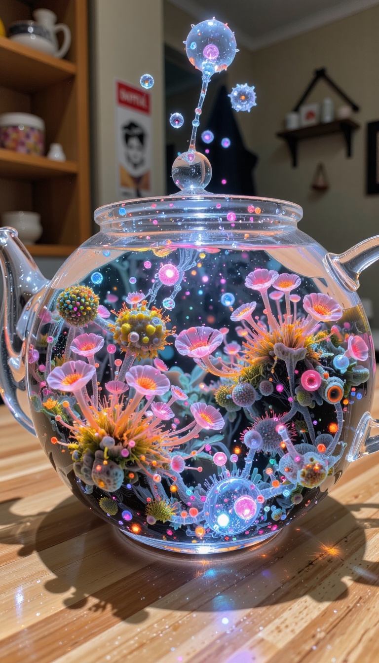 we see close the underwater microverse inside a halved teapot: we see algae and microorganisms cellular level in microscop...