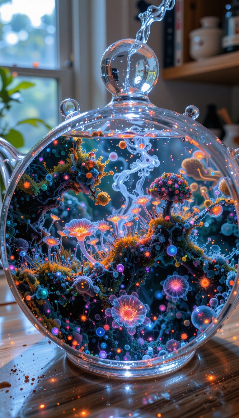 we see close the underwater microverse inside a halved teapot: we see algae and microorganisms cellular level in microscop...