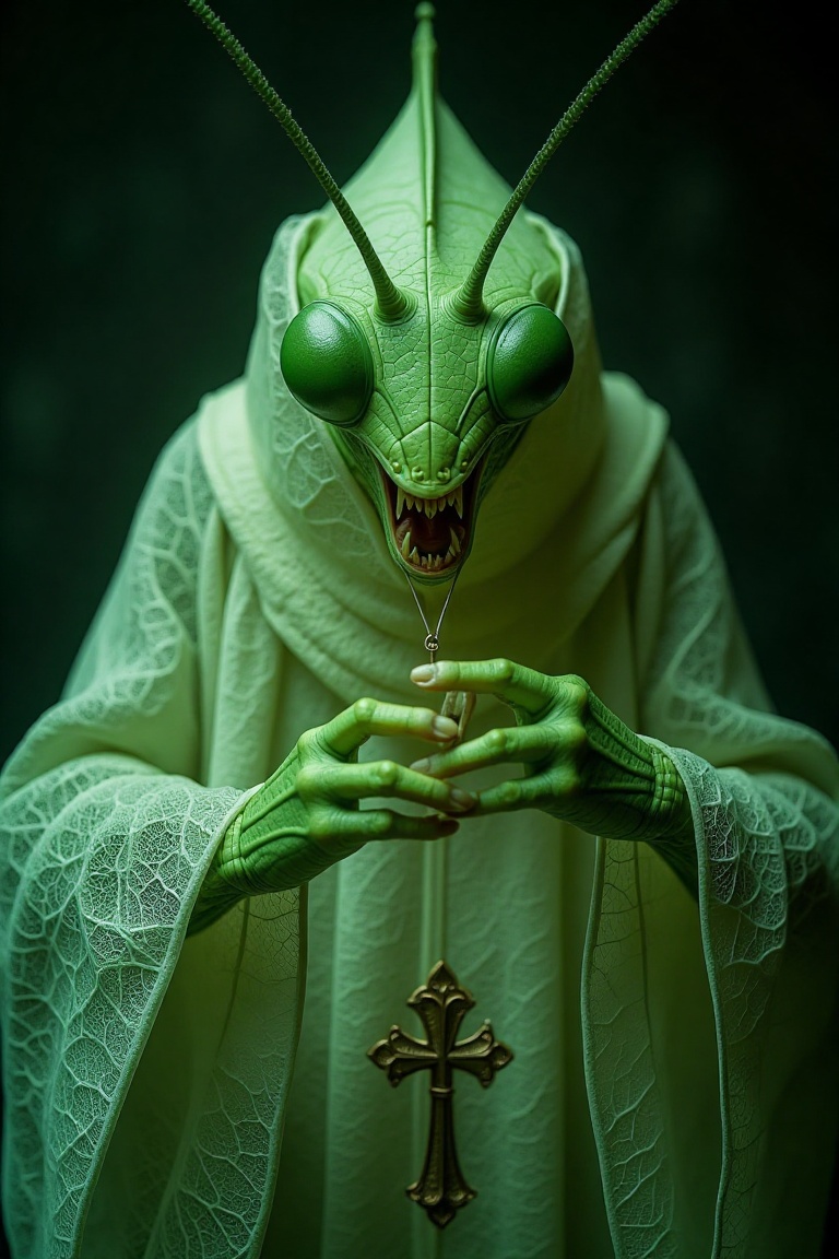 Award-winning photographer captures a hauntingly realistic image of a fierce praying mantis,  its snarling face illuminate...