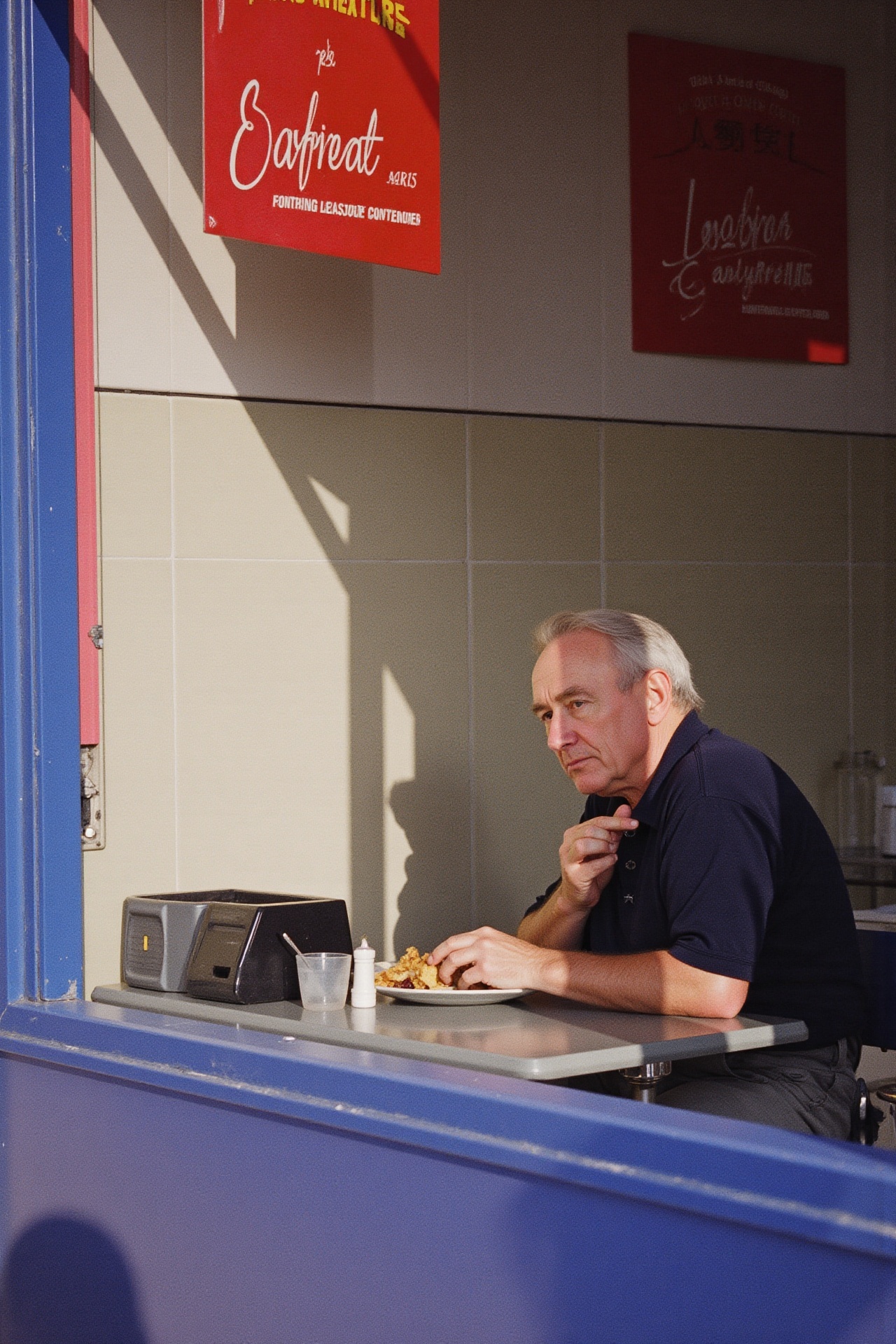A candid,  atmospheric medium shot of an older man seated at a table,  eating in a diner on Tensor.Art