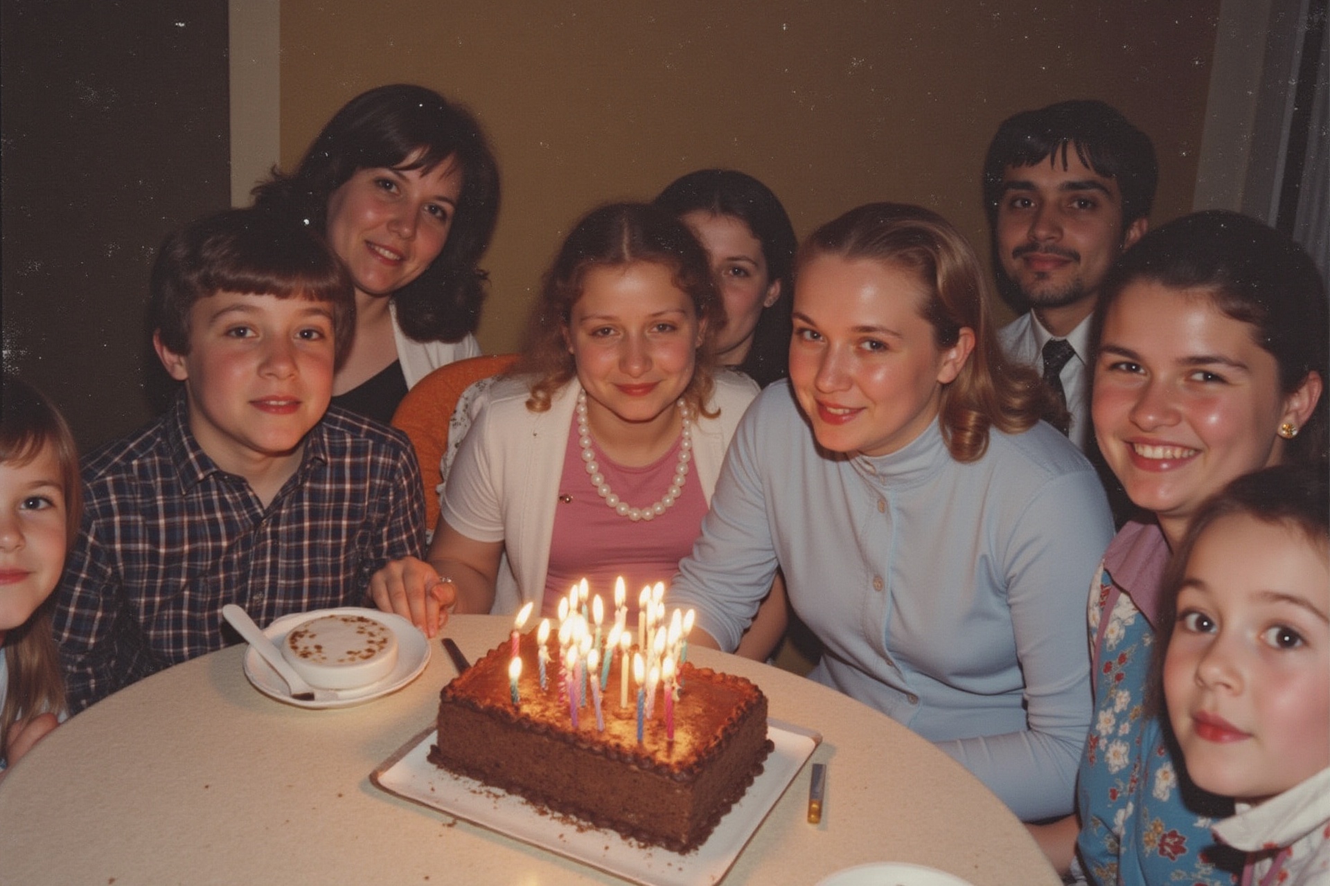 A candid,  authentic medium shot of a multi-generational group of people (family or friends) gathered around a table,  cel...