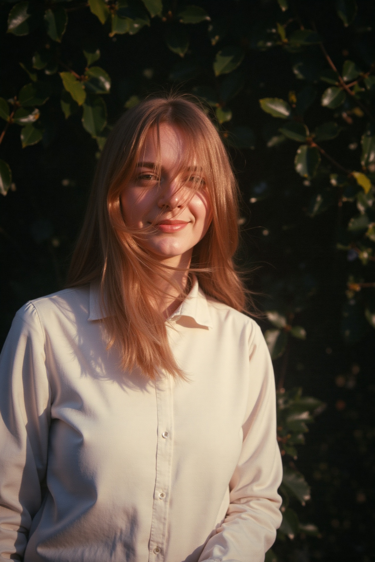 A candid,  atmospheric medium shot outdoor portrait of a young woman with long,  flowing hair blowing across her face. She...
