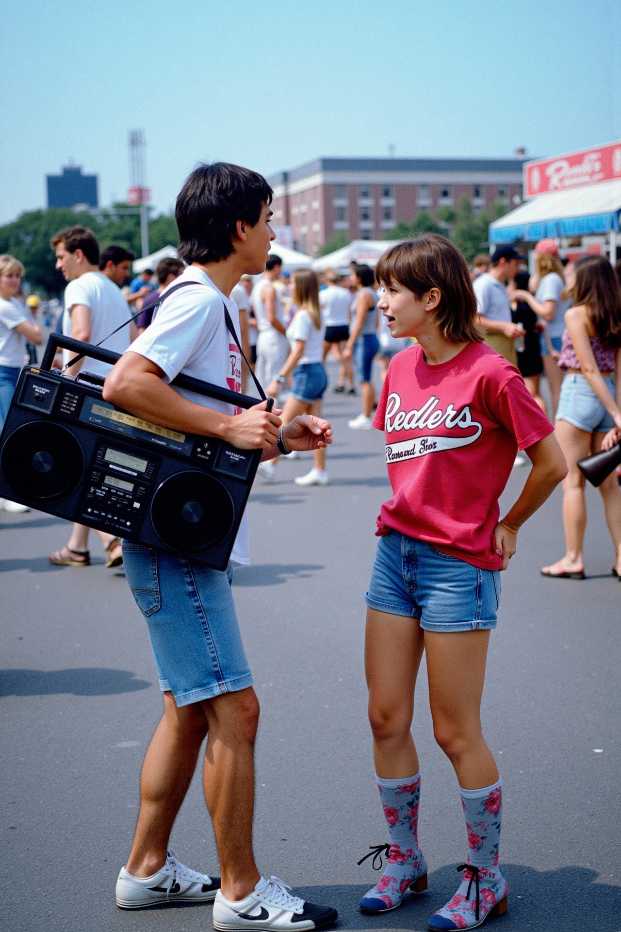 A candid,  dynamic full-shot of a young man carrying a large vintage boombox,  interacting with a young woman wearing a ba...