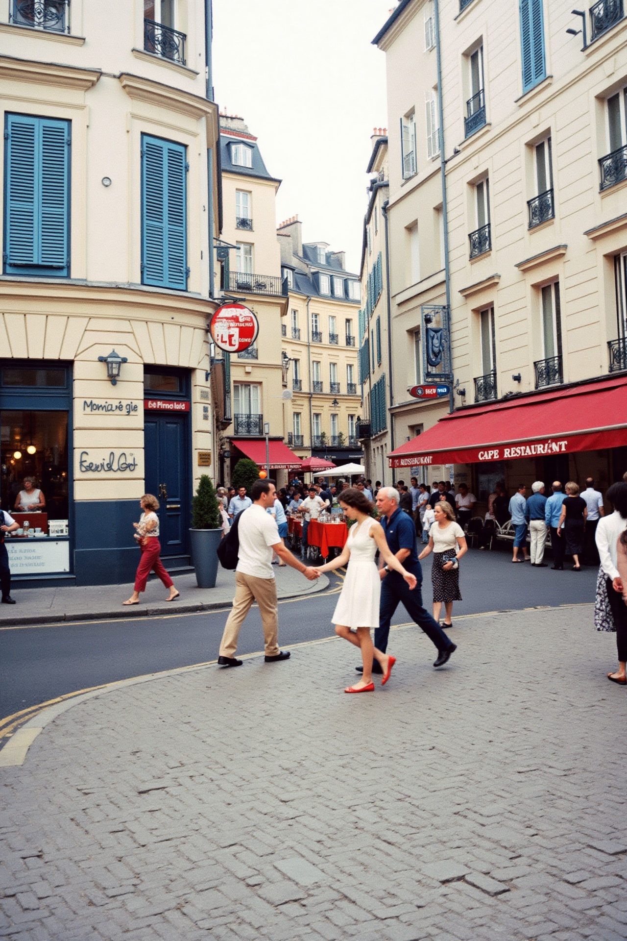 A wide,  vibrant street photography scene capturing a charming European city corner with classic architecture,  including...