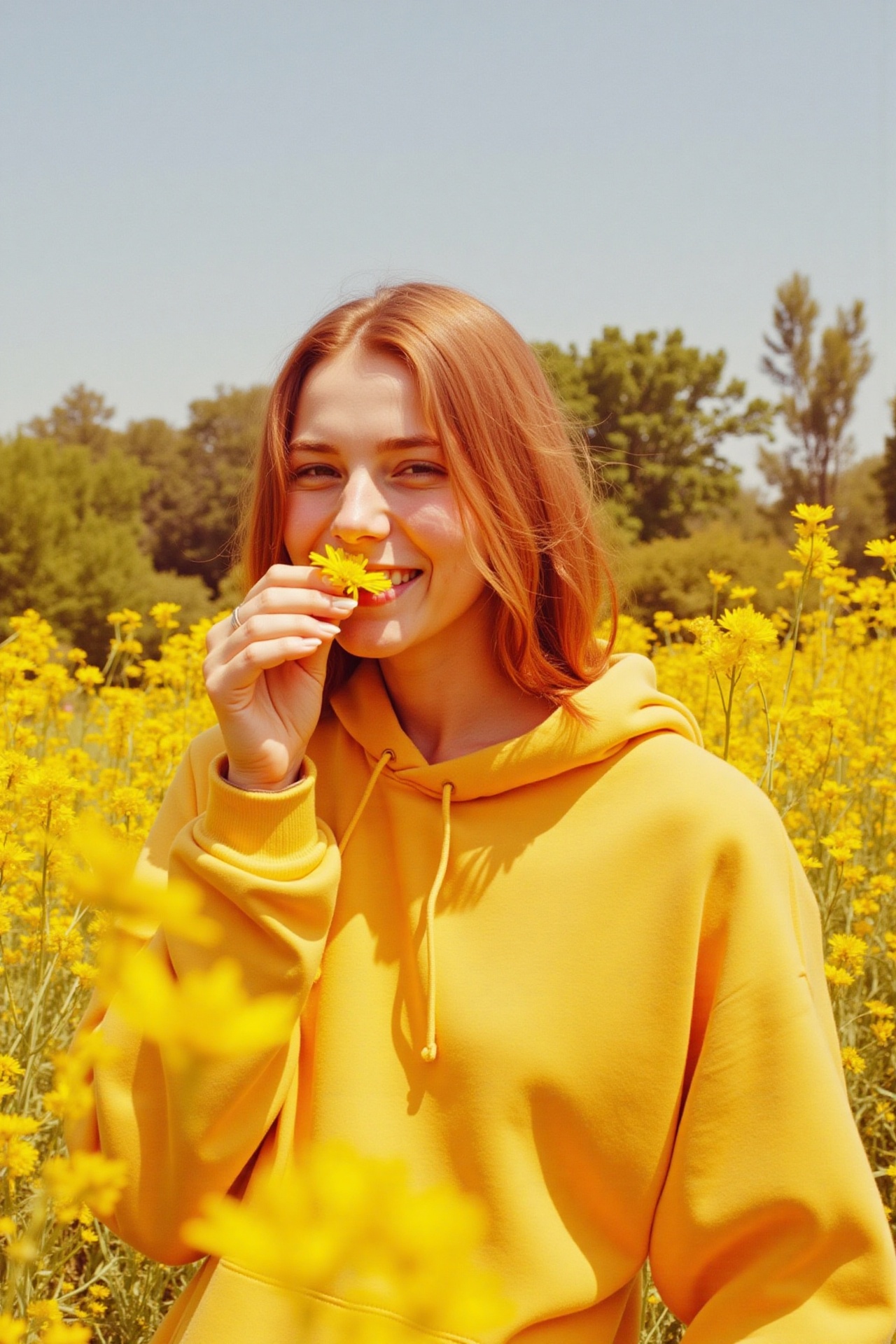 A candid,  sunlit medium close-up portrait of a young woman with long,  reddish-brown hair on Tensor.Art
