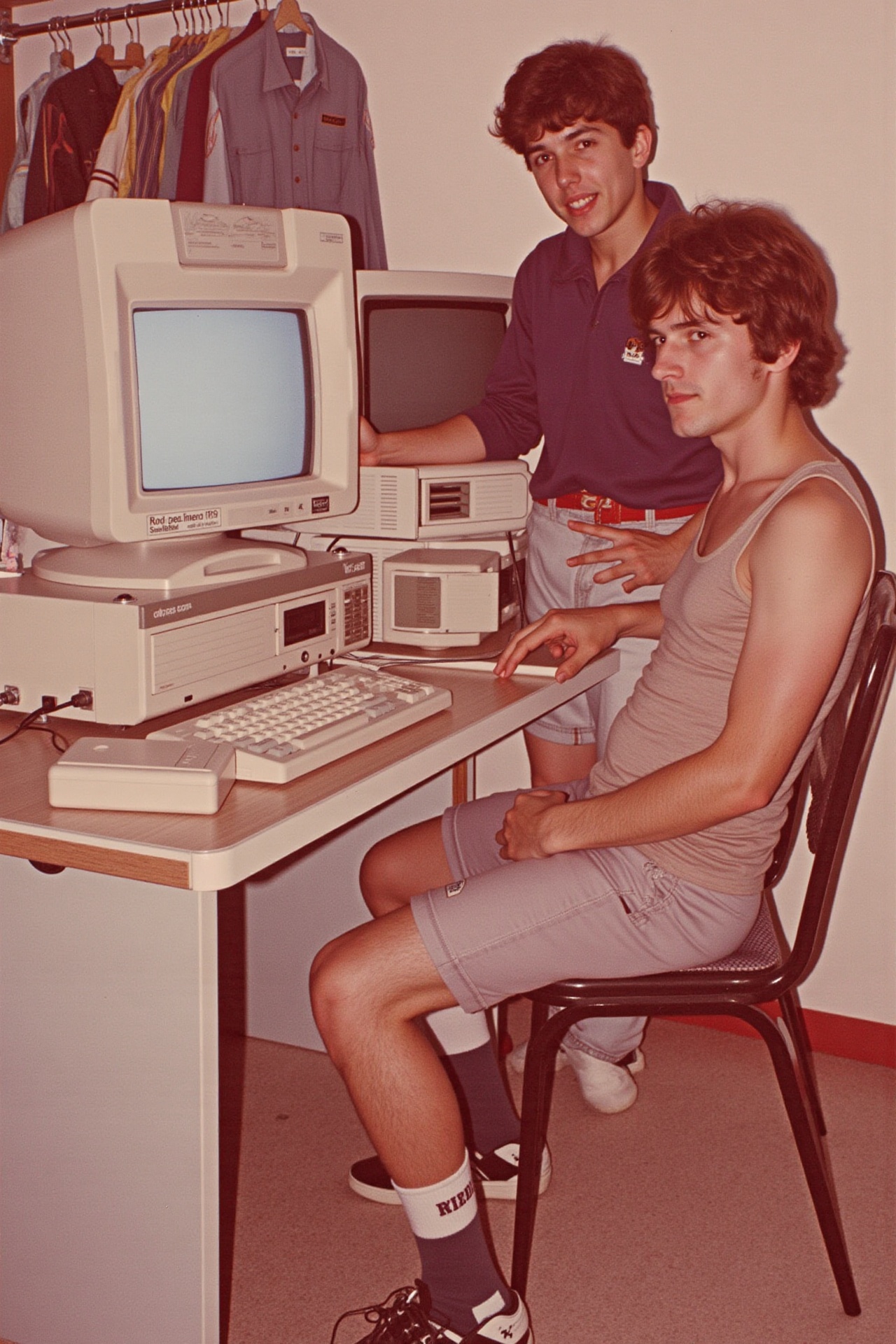 A candid,  authentic medium shot of two young men in a casual indoor setting,  one sitting at a desk with a vintage 1980s...