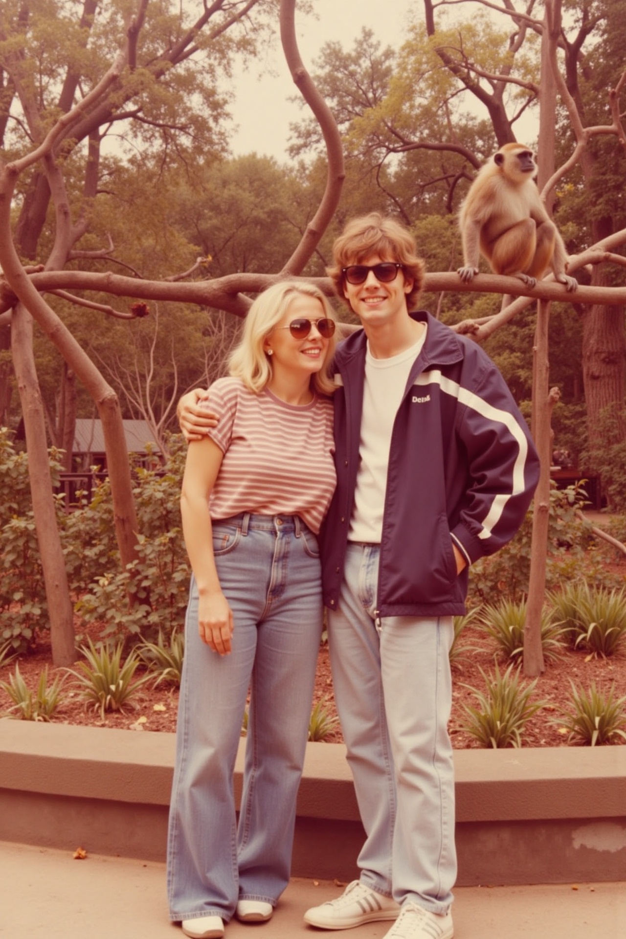A vintage photo from the 1980s showing a young woman and man posing together at a zoo. They’re standing in front of a monk...