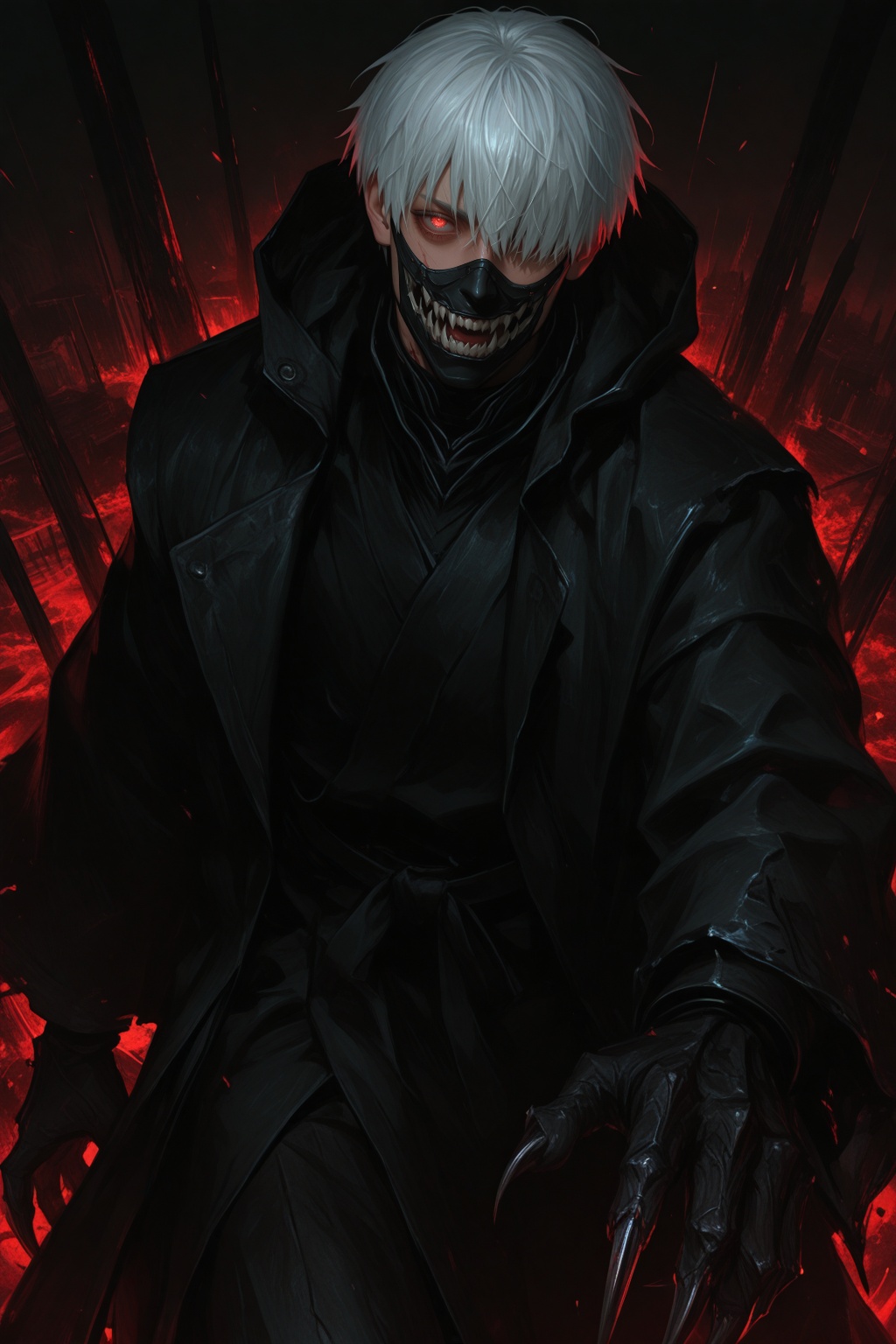 a hyper Realistic cgi image of Kaneki Ken in his Kakuja form. ,  with sharp claws and glowing eyes. The scene is chaotic a...