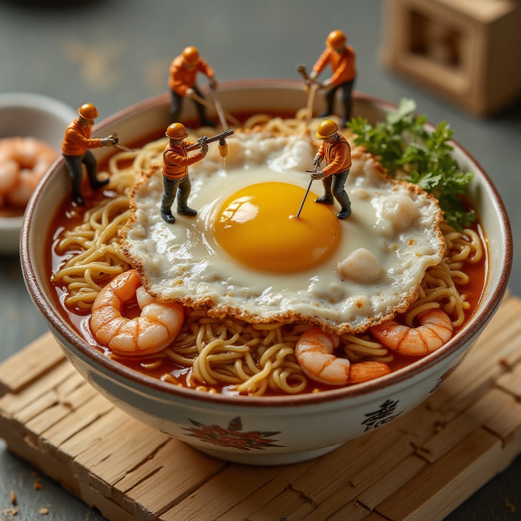 Realistic photo of a bowl of noodles with sauce,  a fried egg,  and pieces of shrimp. Miniature workers are working on the...