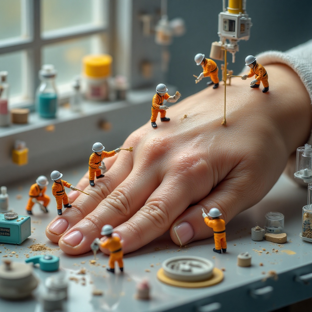 Photorealistic diorama-style chibi surrealist photography of tiny chibi workers inspecting a massive human hand placed on...