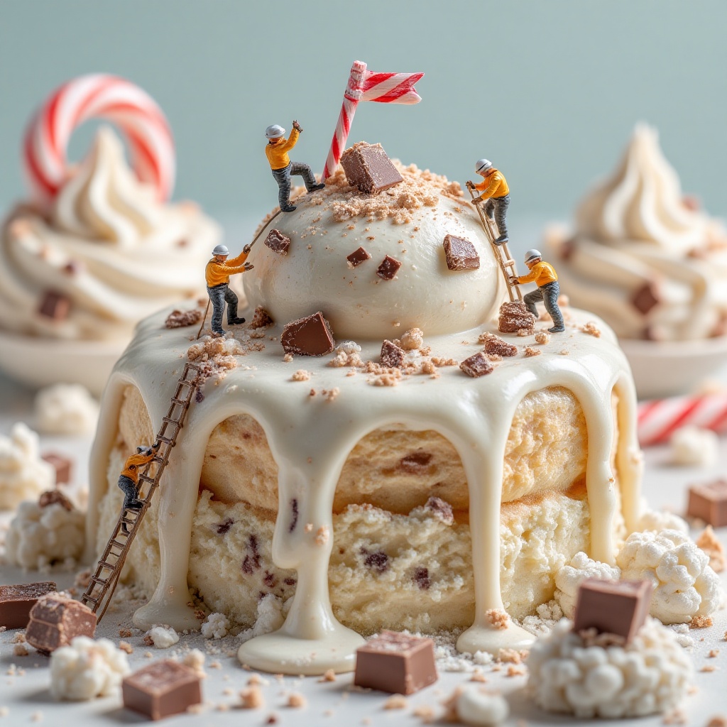 Tiny mountaineers scaling a massive melting ice cream mountain,  using chocolate chunks as climbing holds,  a candy cane f...