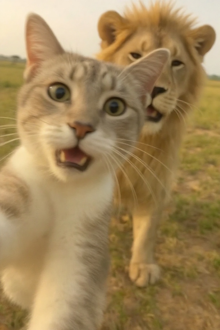 A cat is taking a selfie in front of a lion. The cat looks very panicked,  and the lion in the background is about to catc...