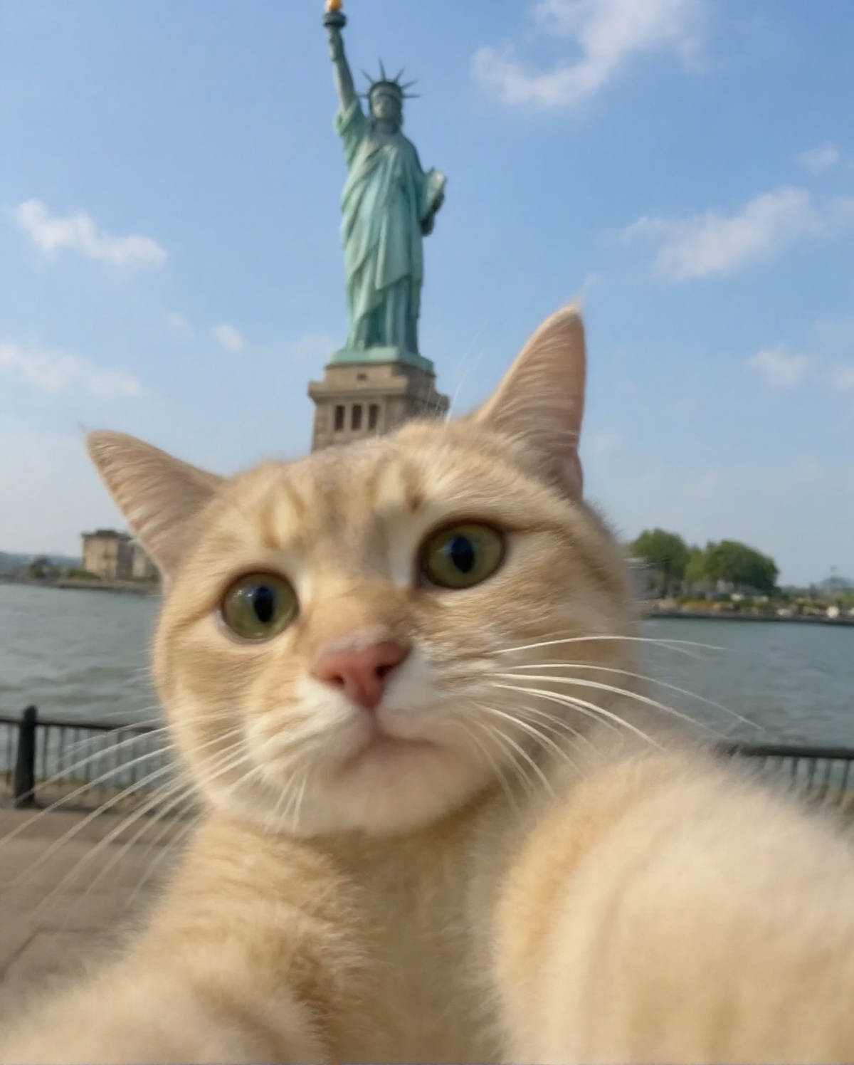 A sunny day,  a Ragdoll cat taking a selfie in front of the Statue of Liberty,  with the Statue and the ocean in the backg...