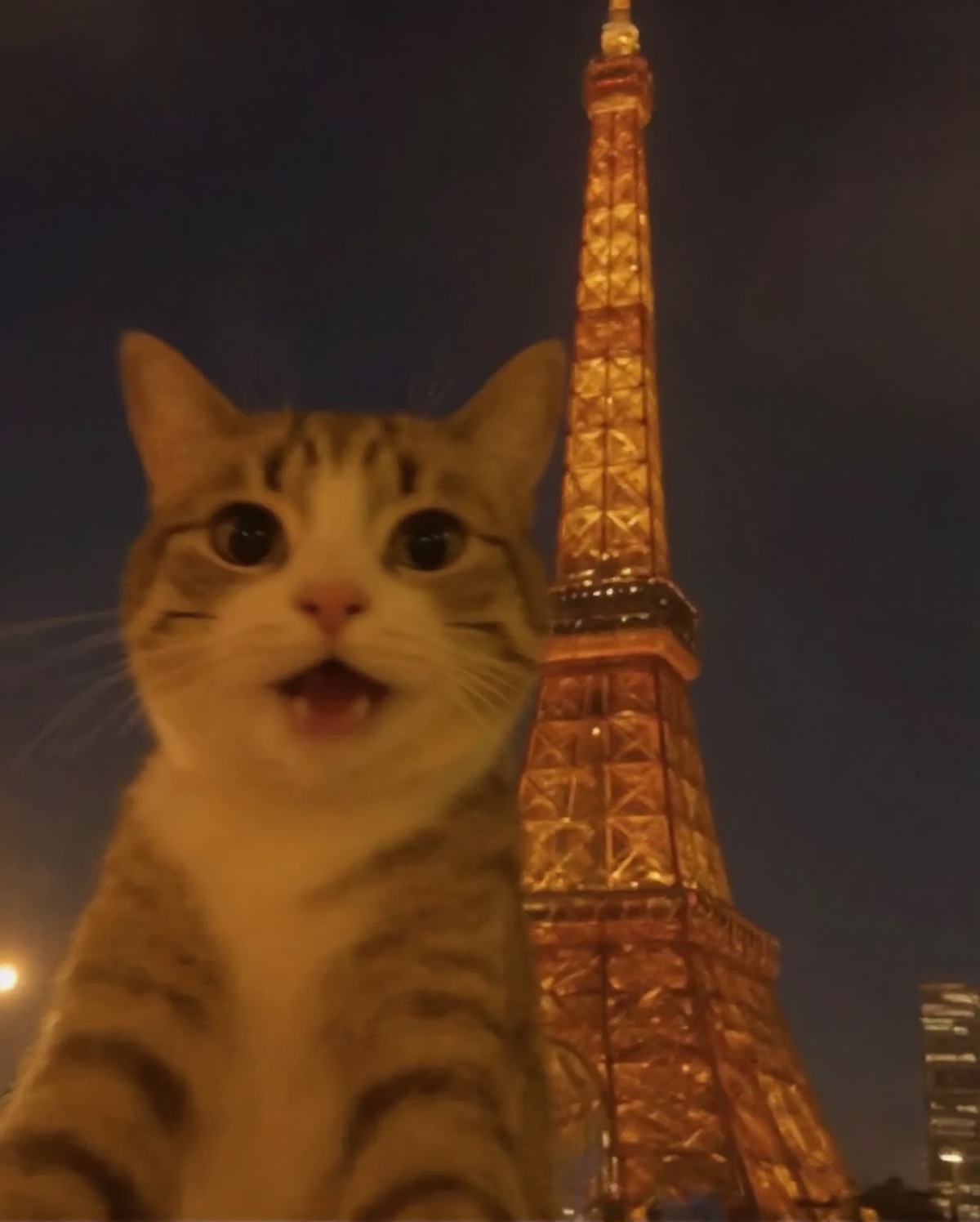A cat taking a selfie in front of Tokyo Tower at night,  with the tower beautifully illuminated and glowing brightly again...