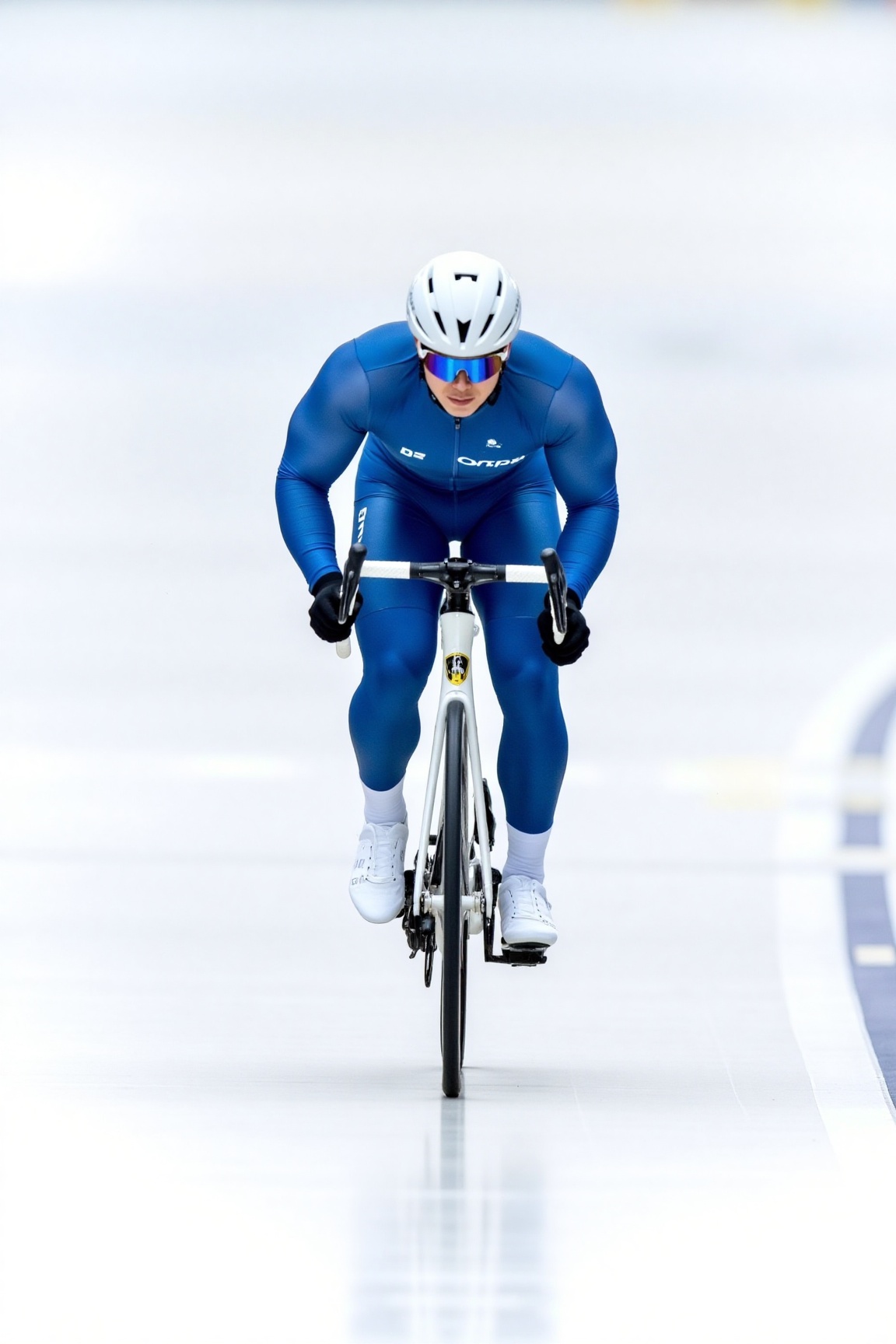 Sport photography of a professional track cyclist in a blue uniform sprinting ona velodrome,  with a white background,  an...