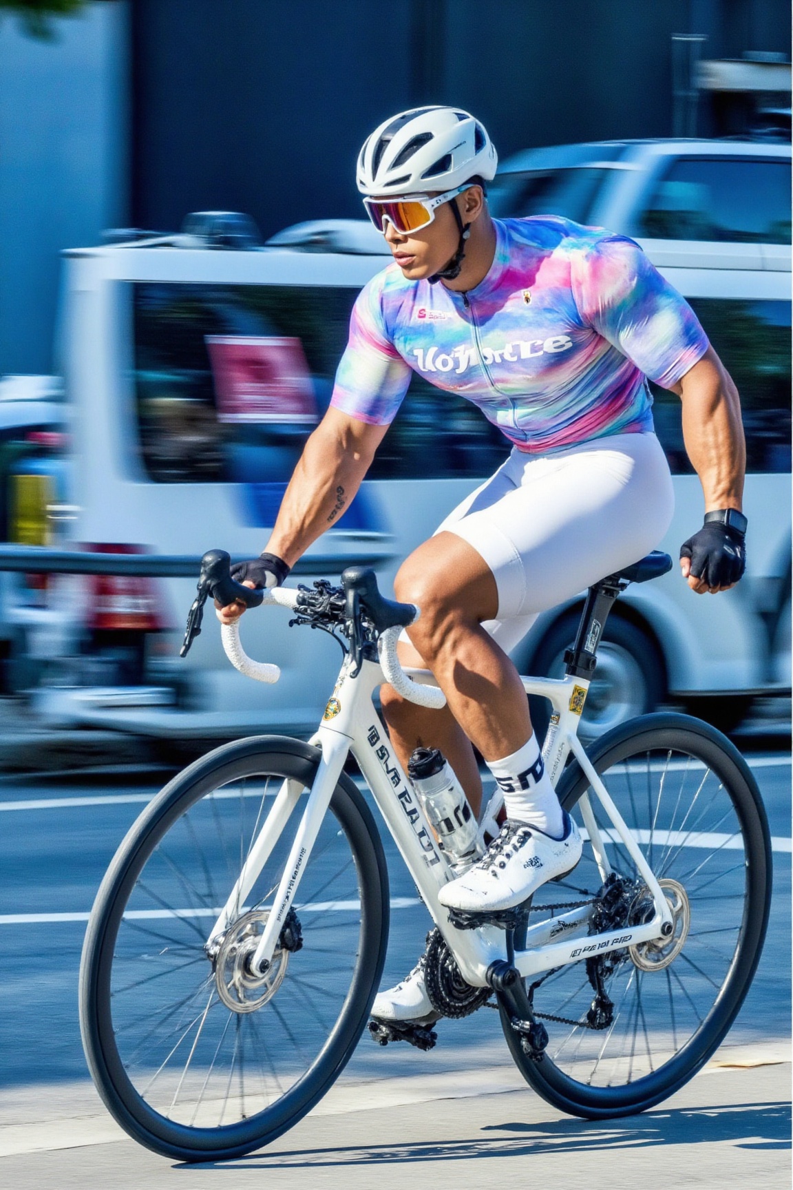 Create a highly dynamic and powerful work of art based on the scene of a professional bicycle race. Highlight a cyclist we...