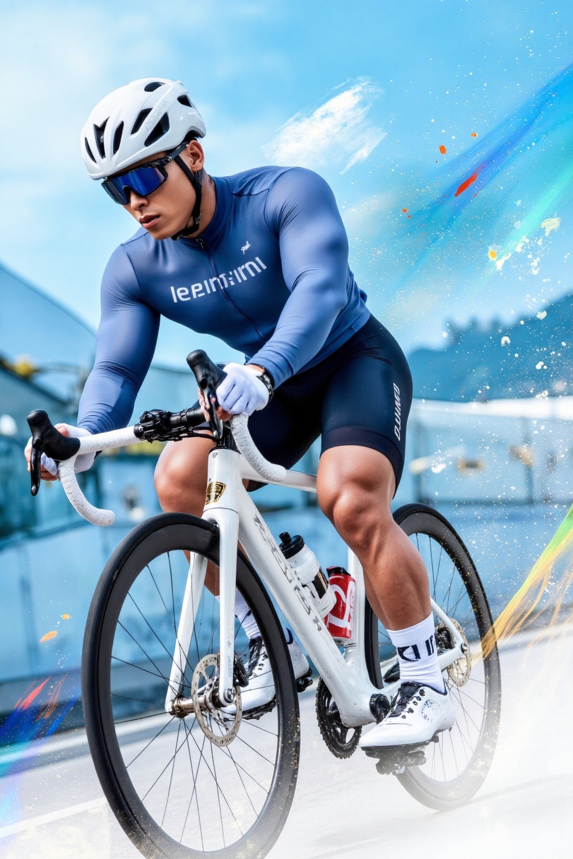 Create a highly dynamic and powerful work of art based on the scene of a professional bicycle race. Highlight a cyclist we...